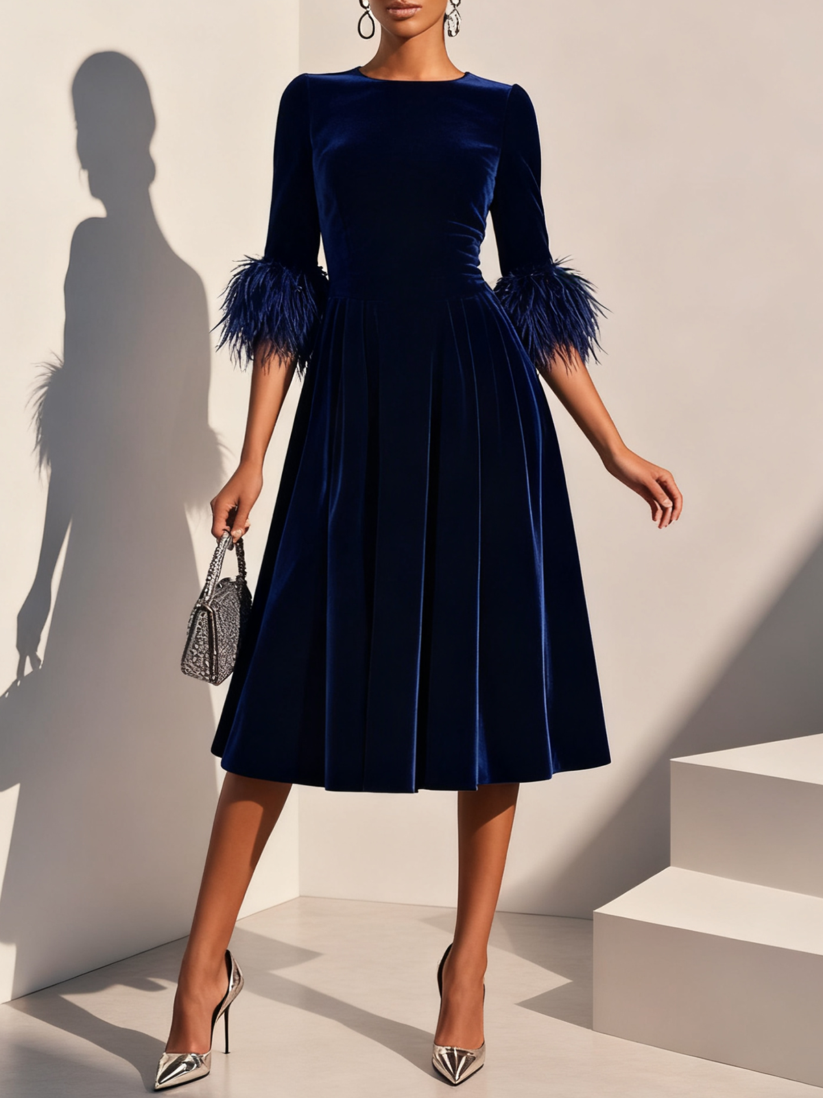 Purplish blue Feather-trimmed Velvet Crew Neck Half Sleeve A-Line Midi Dress