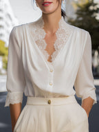Lace-Trimmed V-Neck Chiffon Button-Up Blouse