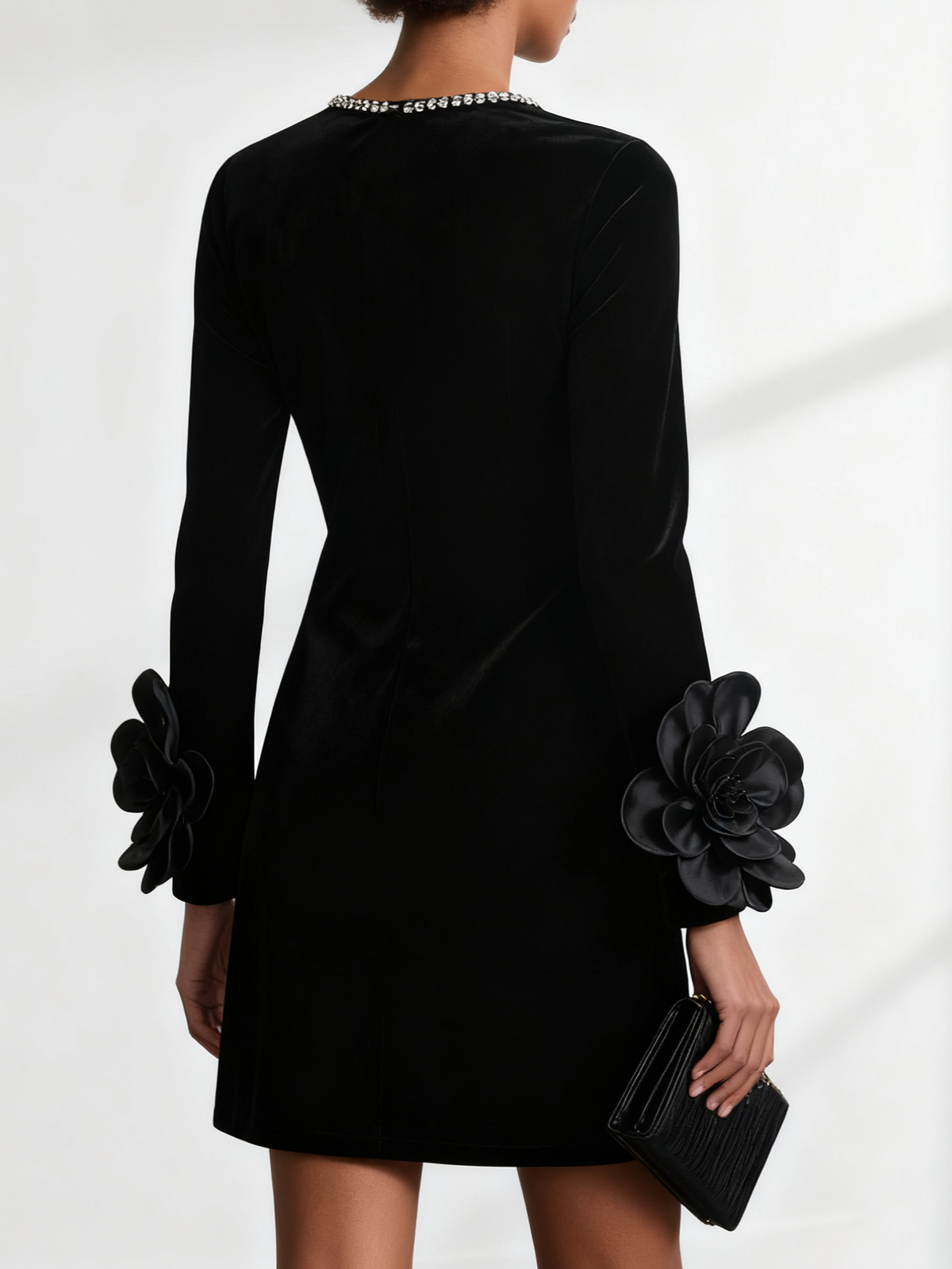 Black 3D Floral Rhinestone Velvet Crew Neck Long Sleeve Sheath Mini Dress