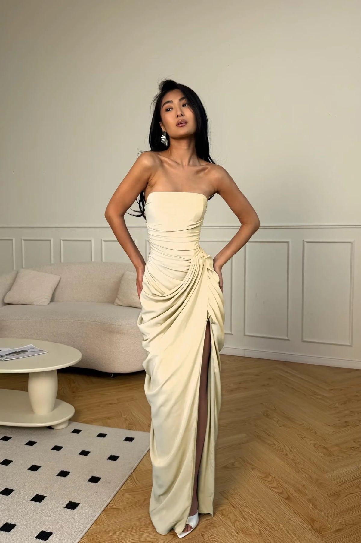 Cocoslly Strapless Sleeveless High Waist Long Prom Dress With Split And Pleated | Ice Blue Satin YC0566