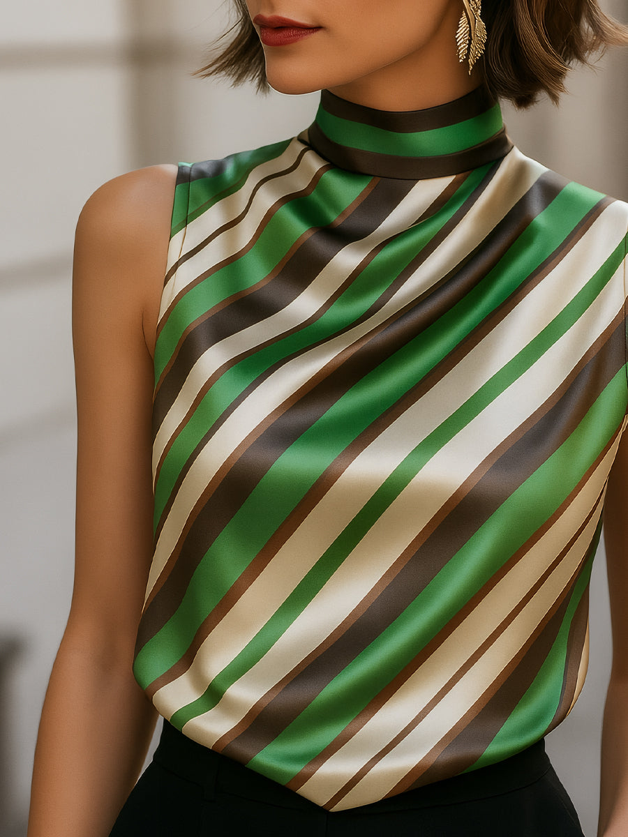 Striped Satin High-Neck Sleeveless Blouse