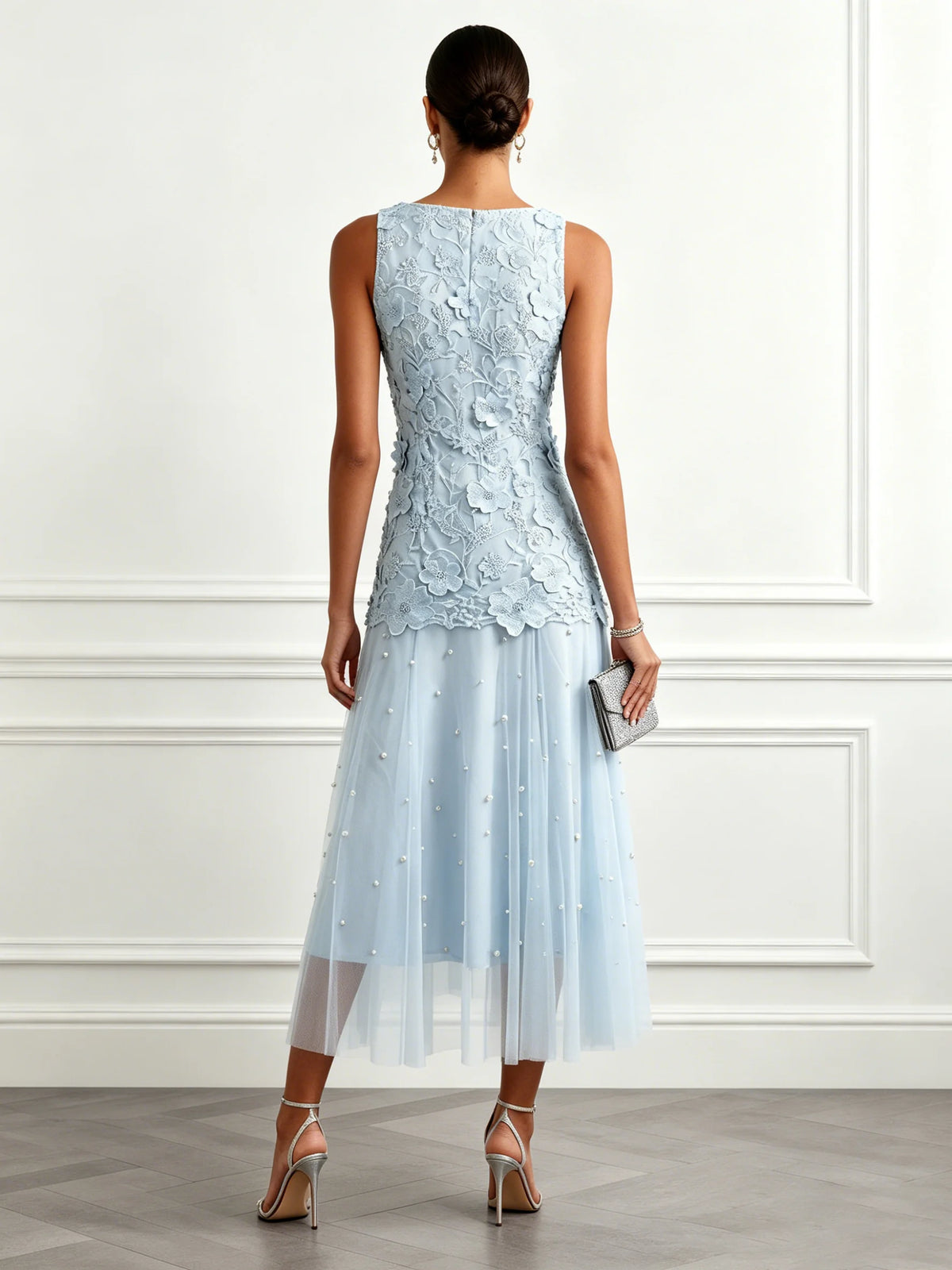 Light Blue Lace Lace Boat Neck Sleeveless A-Line Maxi Dress