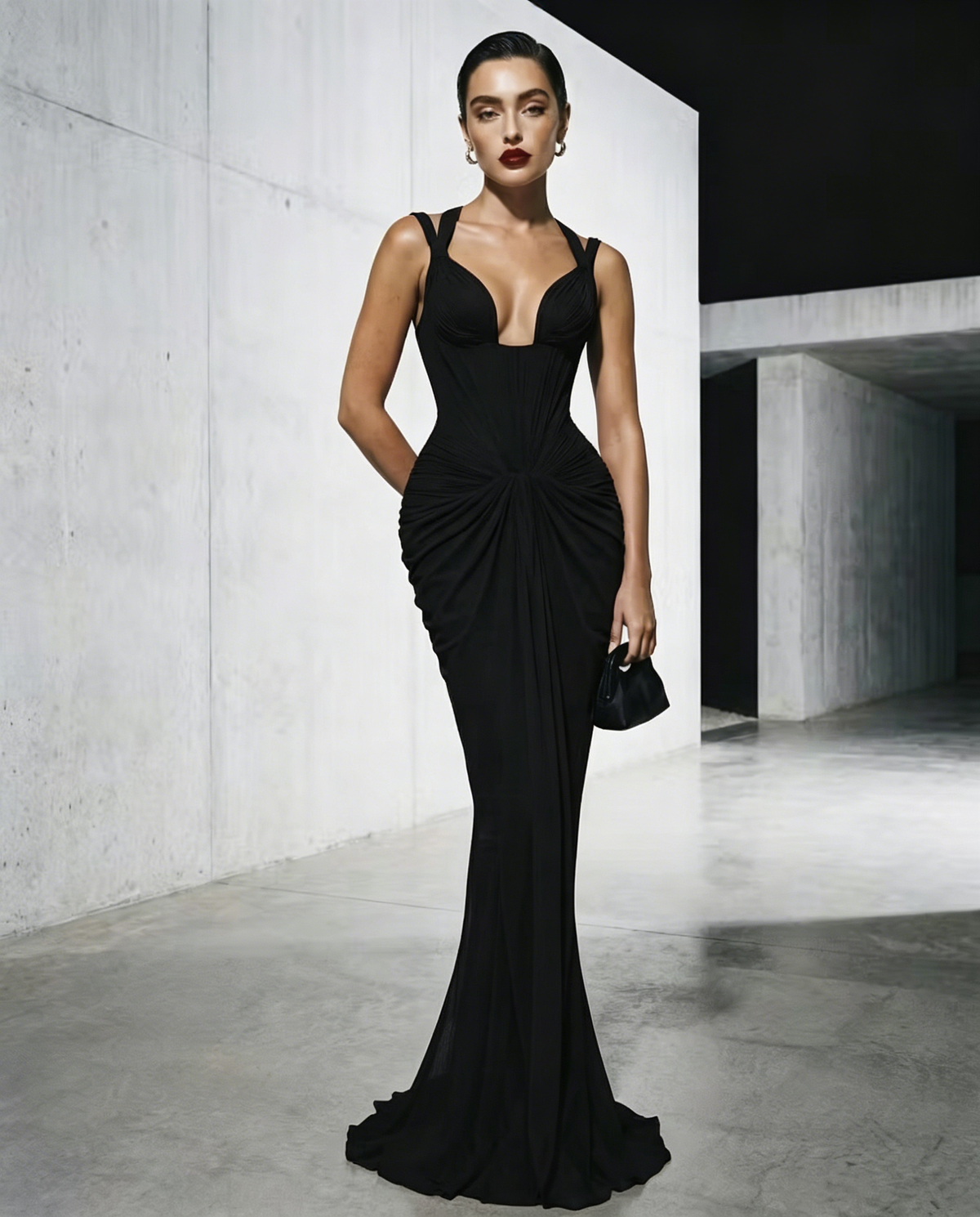 Cocoslly Spaghetti Straps Sleeveless High Waist Long Mermaid Prom Dress With Pleated | Red Satin LX0112