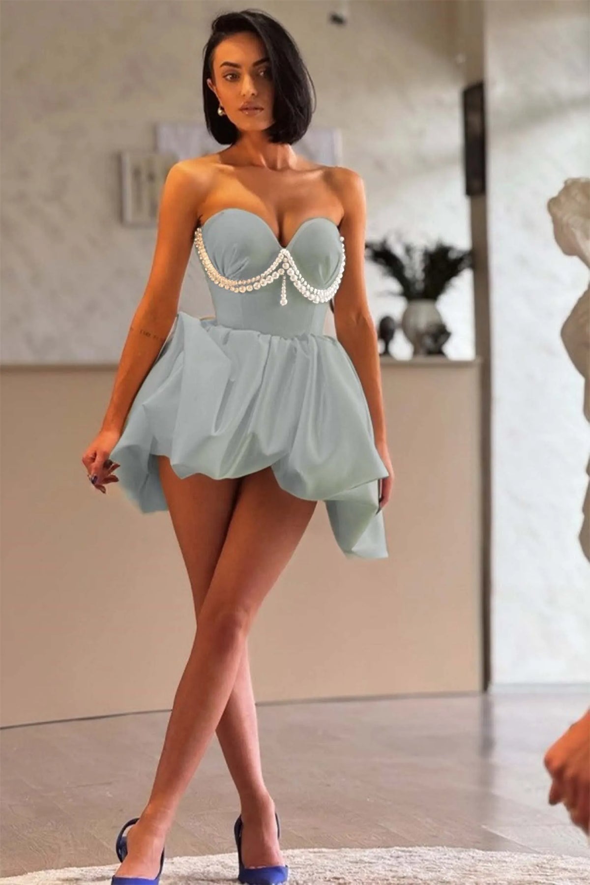 Cocoslly Strapless Sweetheart Sleeveless High Waist Short Prom Dress With Pearls | Ivory Satin ZT0683
