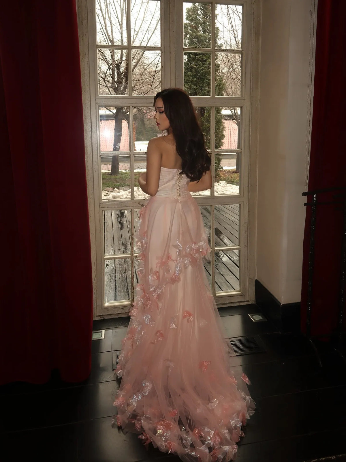 Cocoslly Strapless Sleeveless High Waist Long Prom Dress With Pleated And Appliques | Pink Tulle CO0140