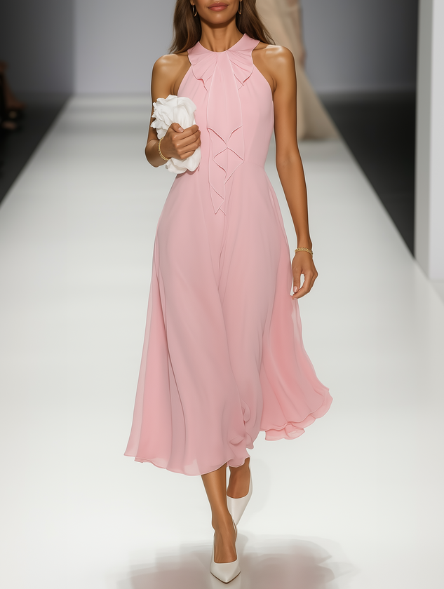 Pink Bow Peplum Chiffon Halter Sleeveless A-Line Midi Dress