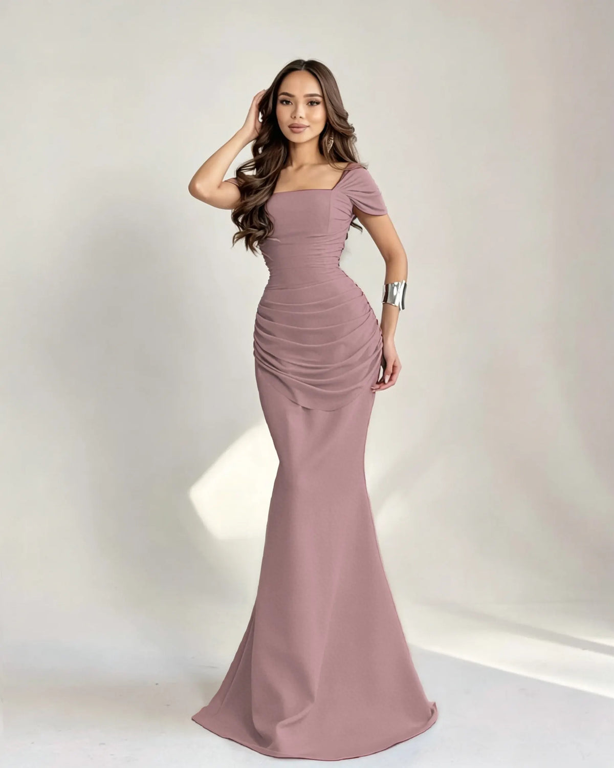 Cocoslly Square Neck Sleeveless High Waist Long Mermaid Prom Dress With Pleated | Burgundy Satin DB0128