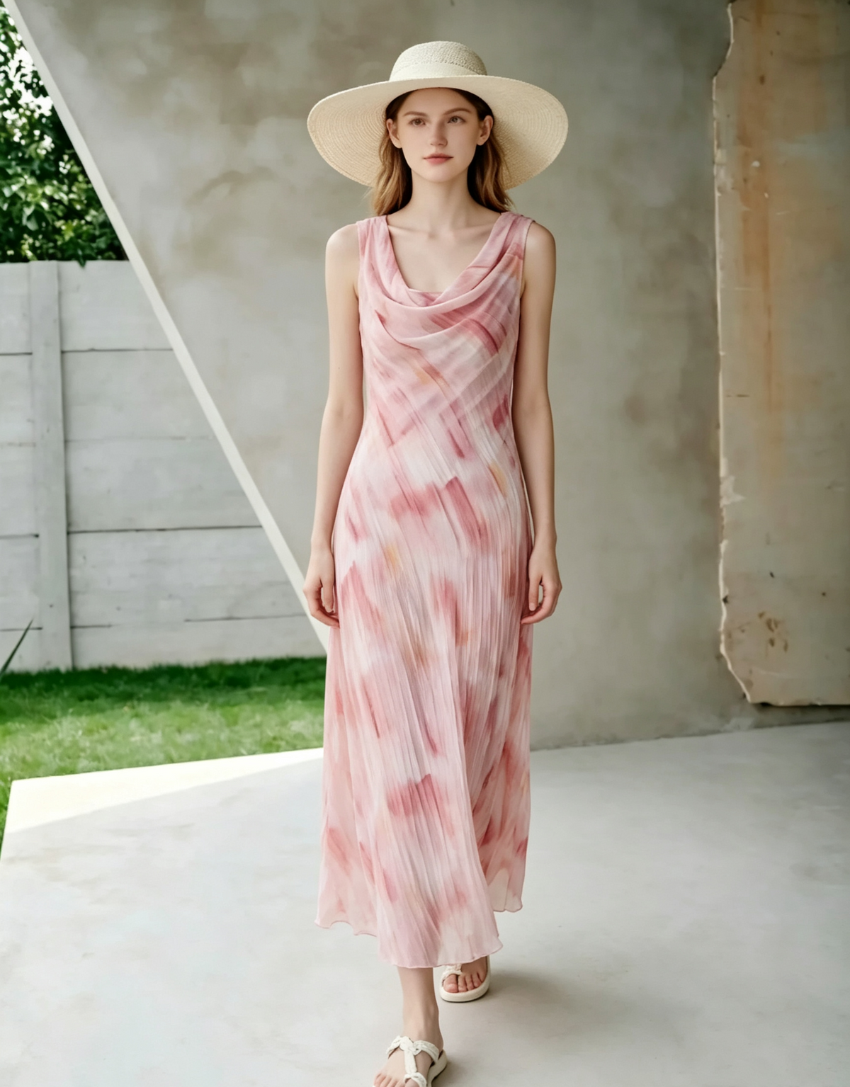 Pink watercolor print lapel midi dress