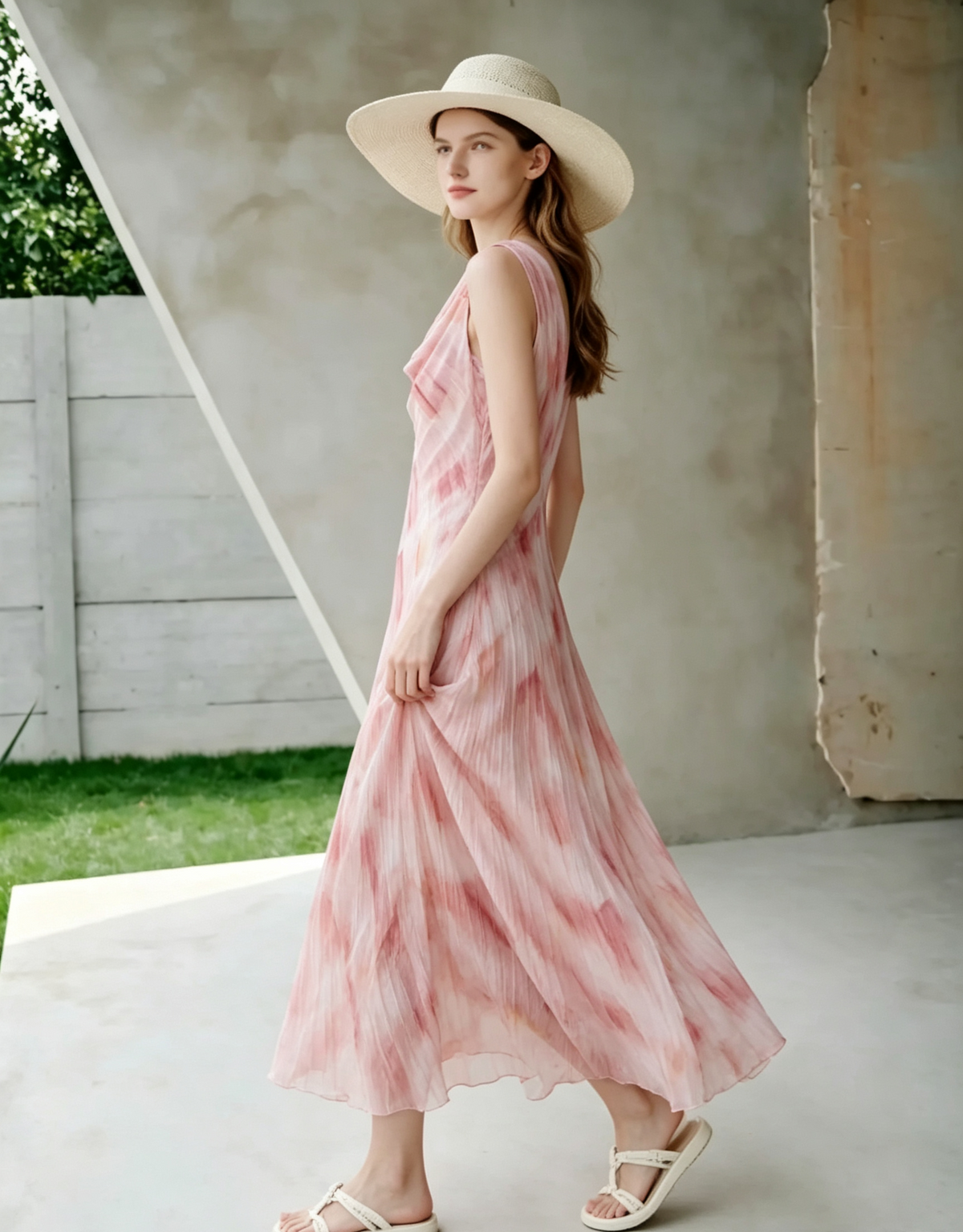Pink watercolor print lapel midi dress
