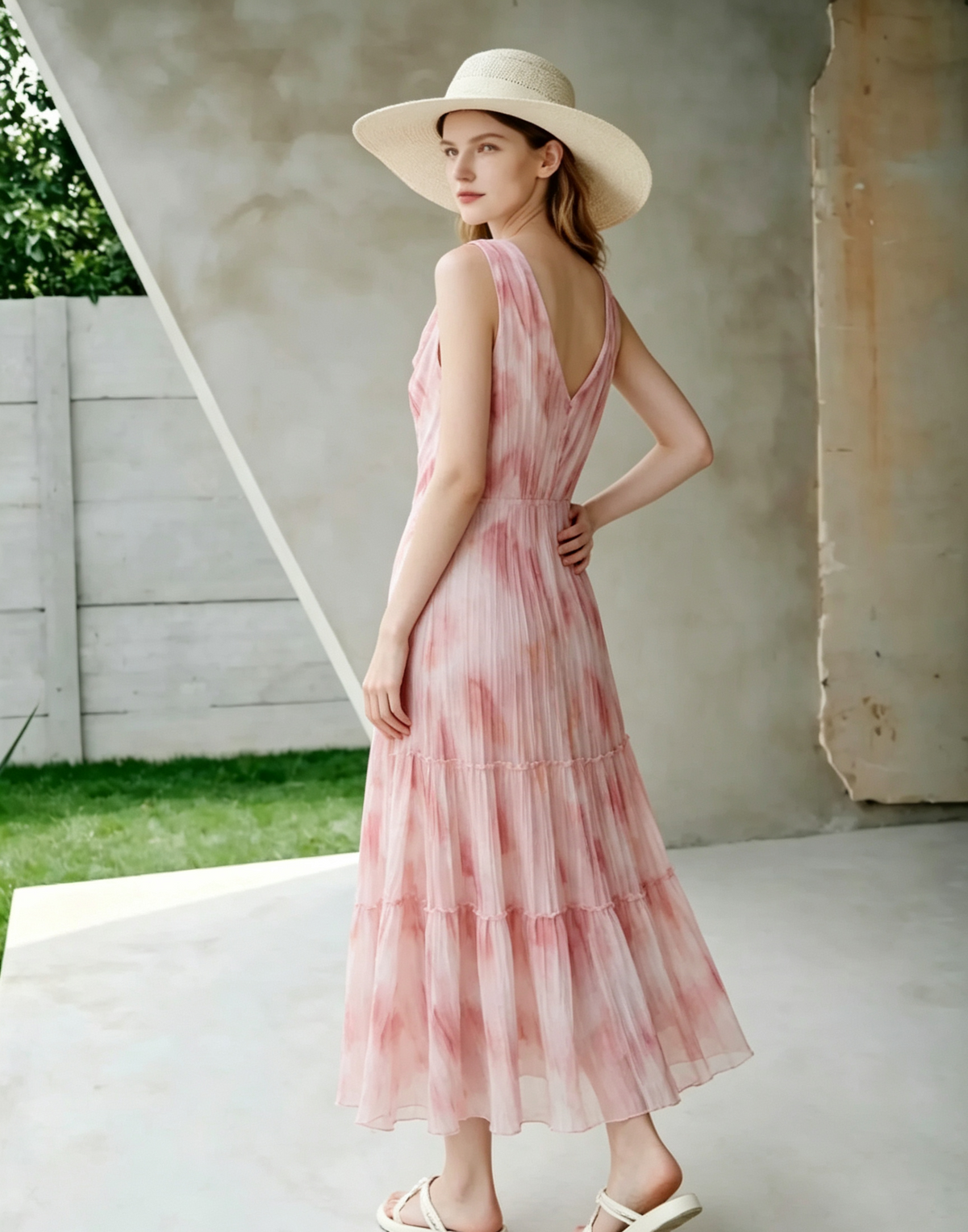Pink watercolor print lapel midi dress
