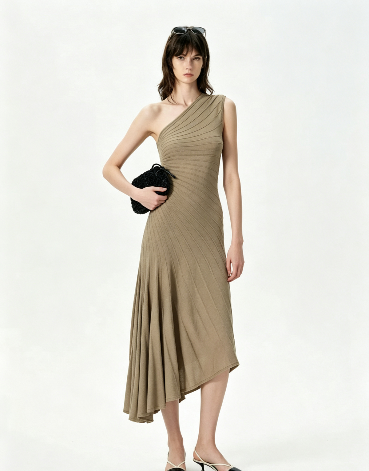 Grayish brown one-shoulder pleated asymmetrical midi dress