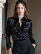 Black Satin Ruffled V-Neck Long Sleeve Blouse