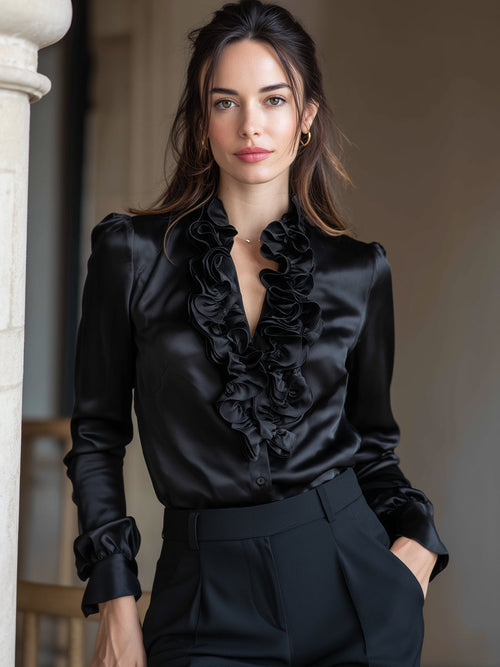 Black Satin Ruffled V-Neck Long Sleeve Blouse