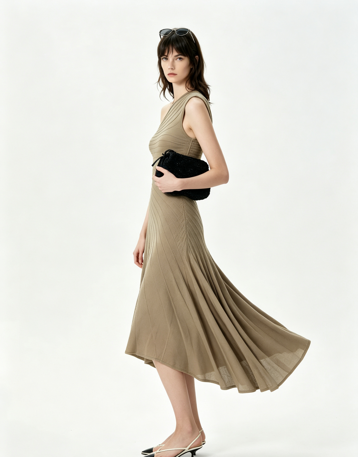 Grayish brown one-shoulder pleated asymmetrical midi dress