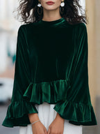 Round Neck Velvet Ruffle-Trim Blouse