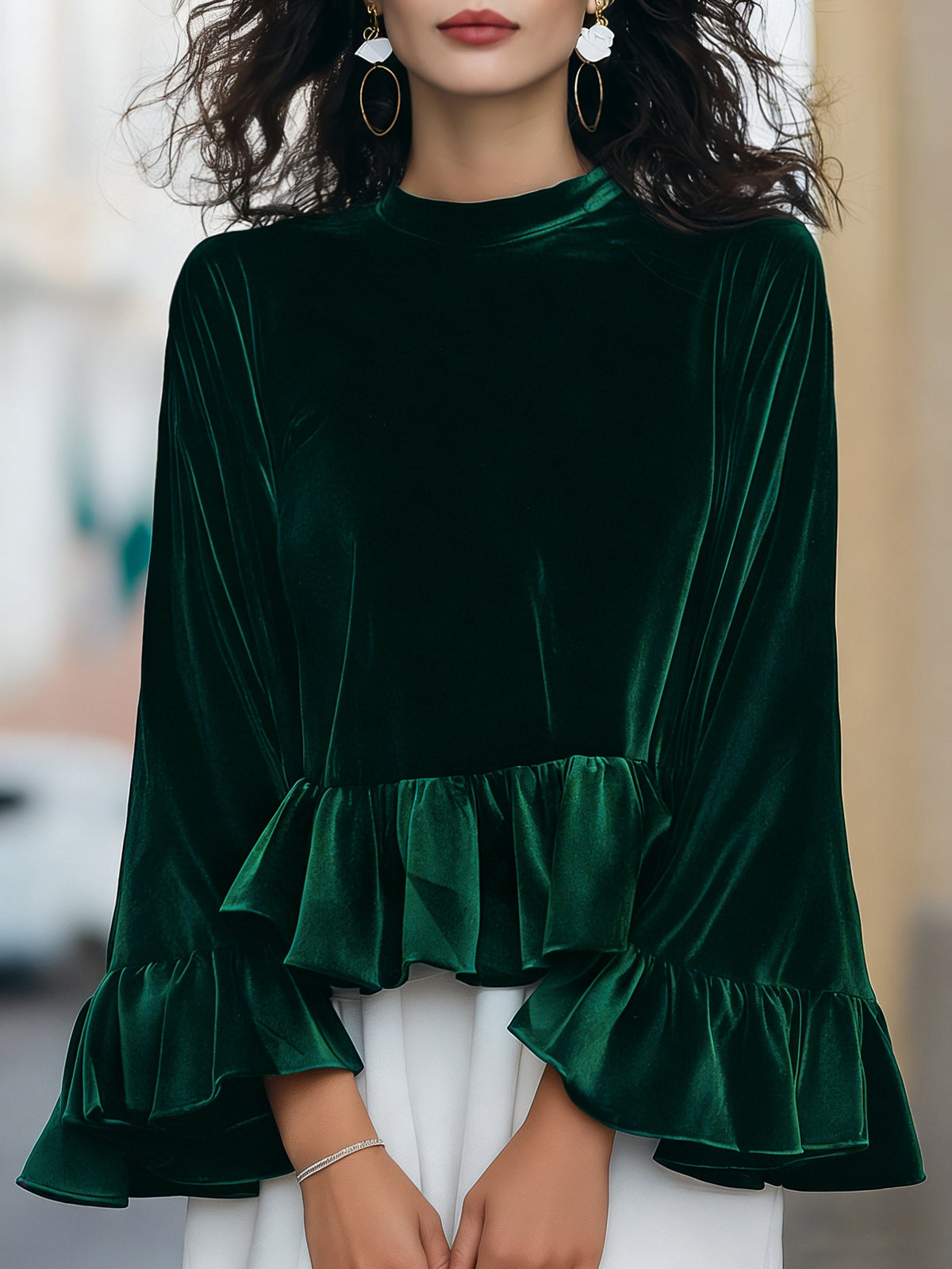 Round Neck Velvet Ruffle-Trim Blouse