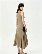 Grayish brown one-shoulder pleated asymmetrical midi dress