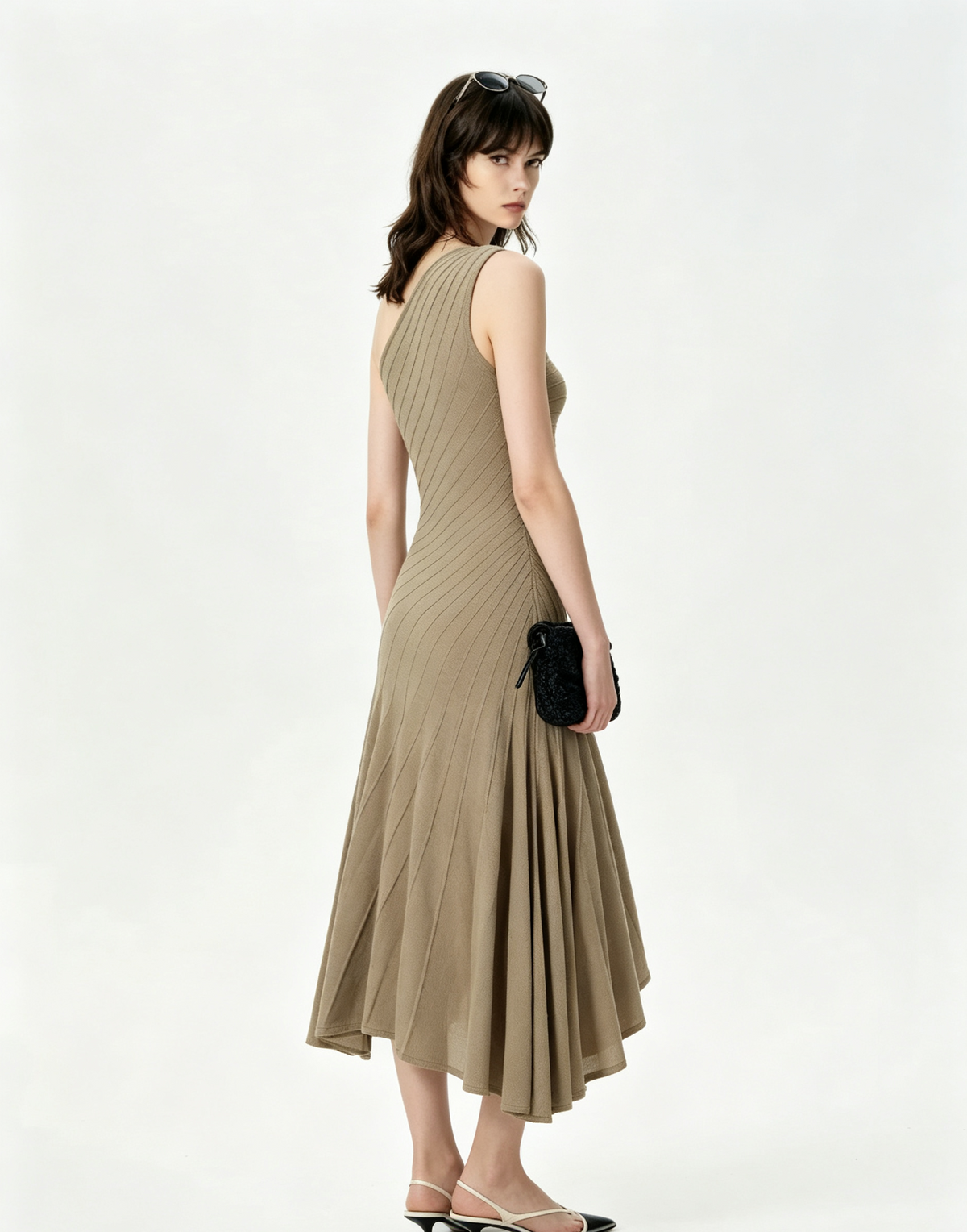Grayish brown one-shoulder pleated asymmetrical midi dress