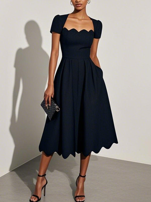 Black Asymmetric Classic Scalloped Square Neck Short Sleeve A-Line Midi Dress