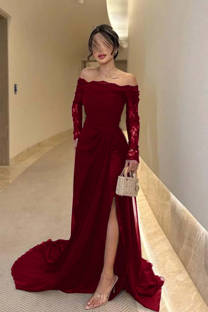 Off the Shoulder Long Sleeves Long Split Prom Dress With Pleated WQ0009