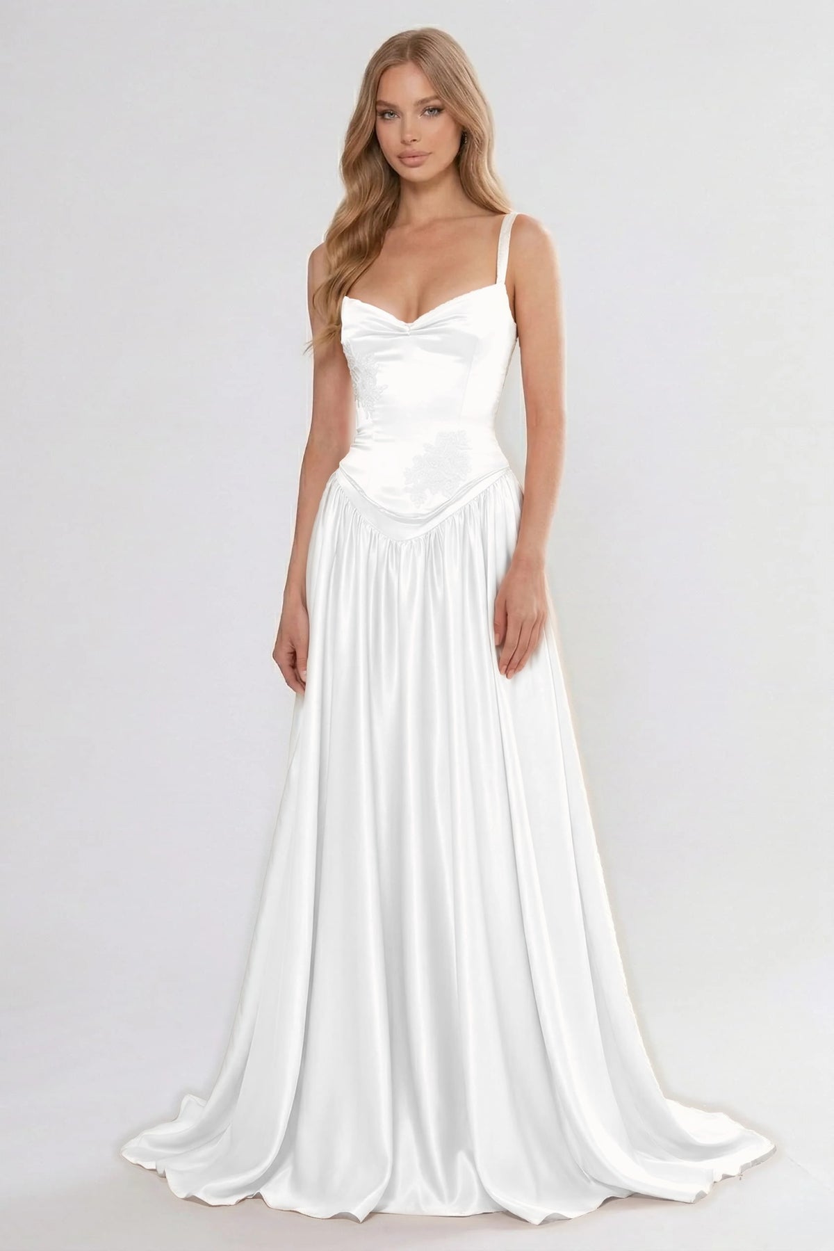 Cocoslly Spaghetti Straps Sleeveless High Waist Long Prom Dress With Appliques | Pink Satin