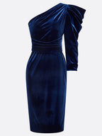 Royal Blue One Shoulder Three Quarter Sleeve Sheath Midi Velvet Dress