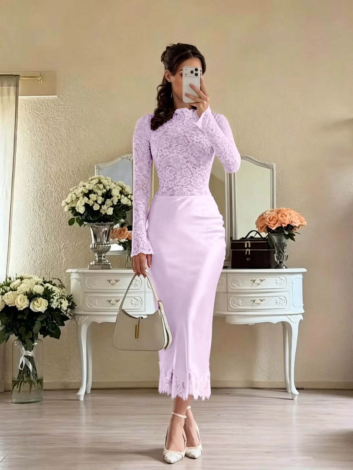 Cocoslly Long Sleeves High Waist Long Mermaid Prom Dress | White Lace And Satin JZ0165