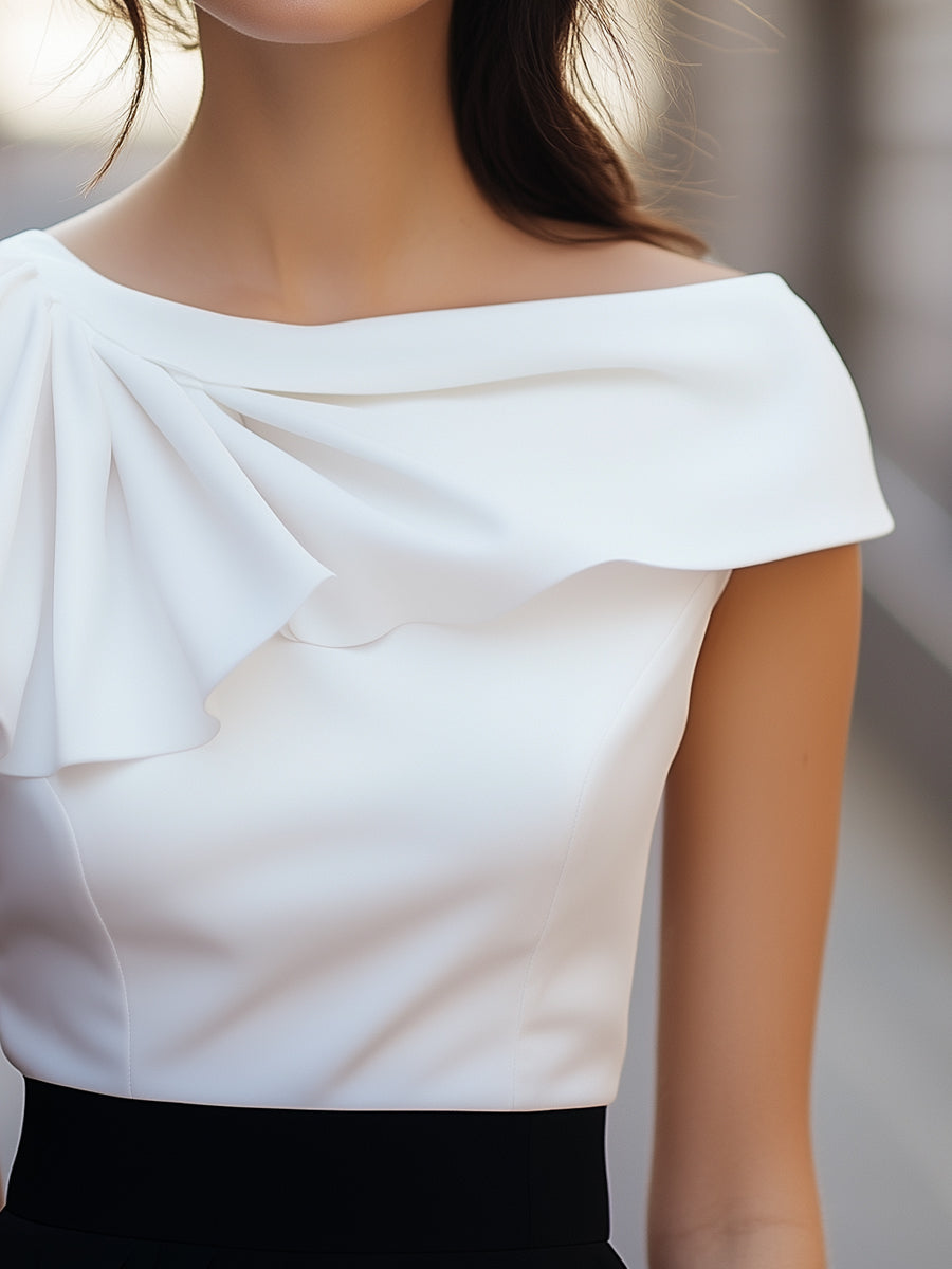 Chic Asymmetric Ruffle Blouse with Boat Neck