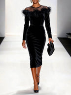 Black Feather-trimmed Mesh Velvet Crew Neck Long Sleeve Sheath Midi Dress