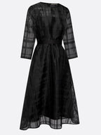 Black Plaid Organza Classic Crew Neck Three Quarter Sleeve A-Line Midi Dress