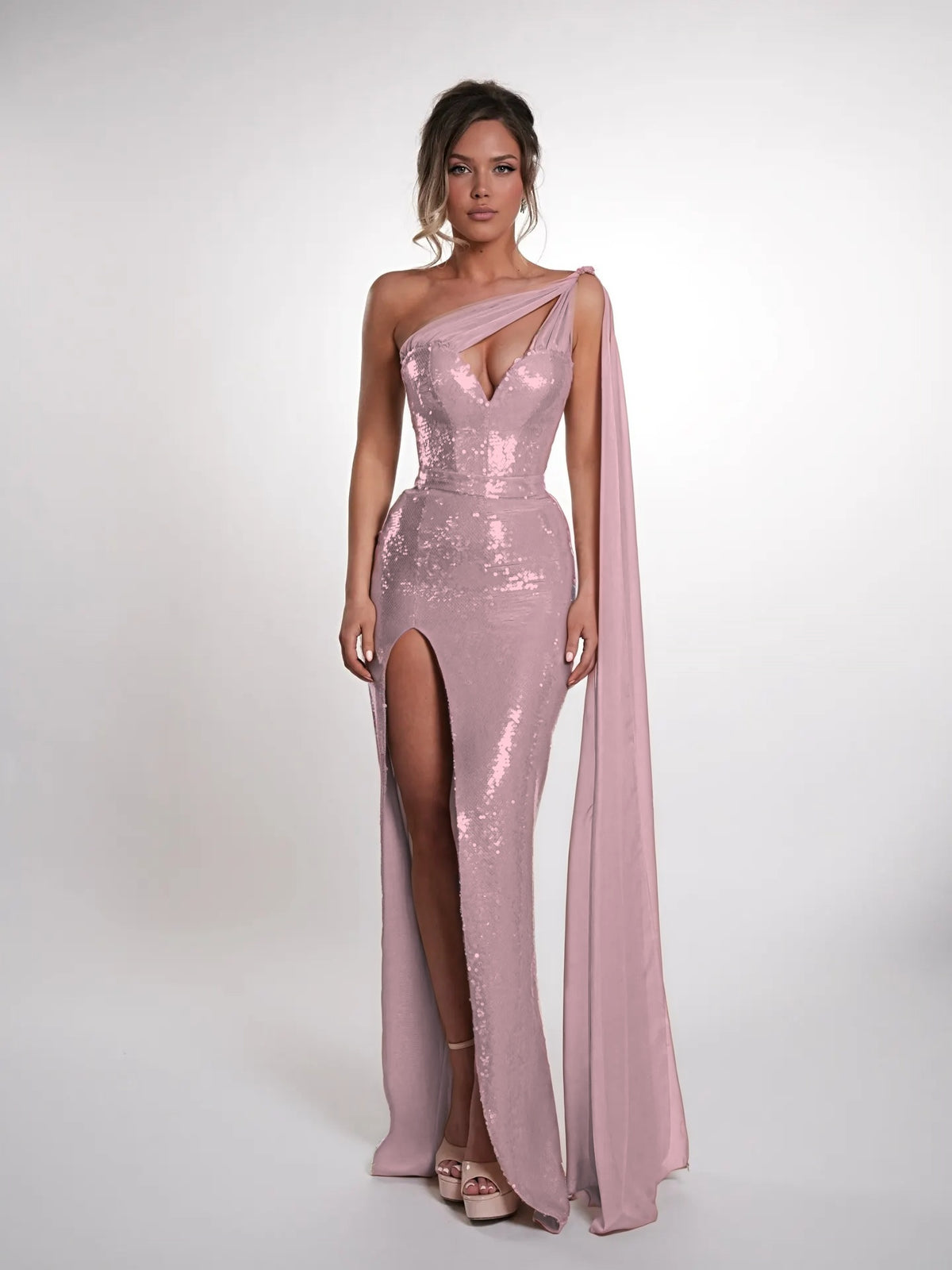 Cocoslly One Shoulder Sleeveless High Waist Long Prom Dress With Deep Split | Nude Sequins JZ0150