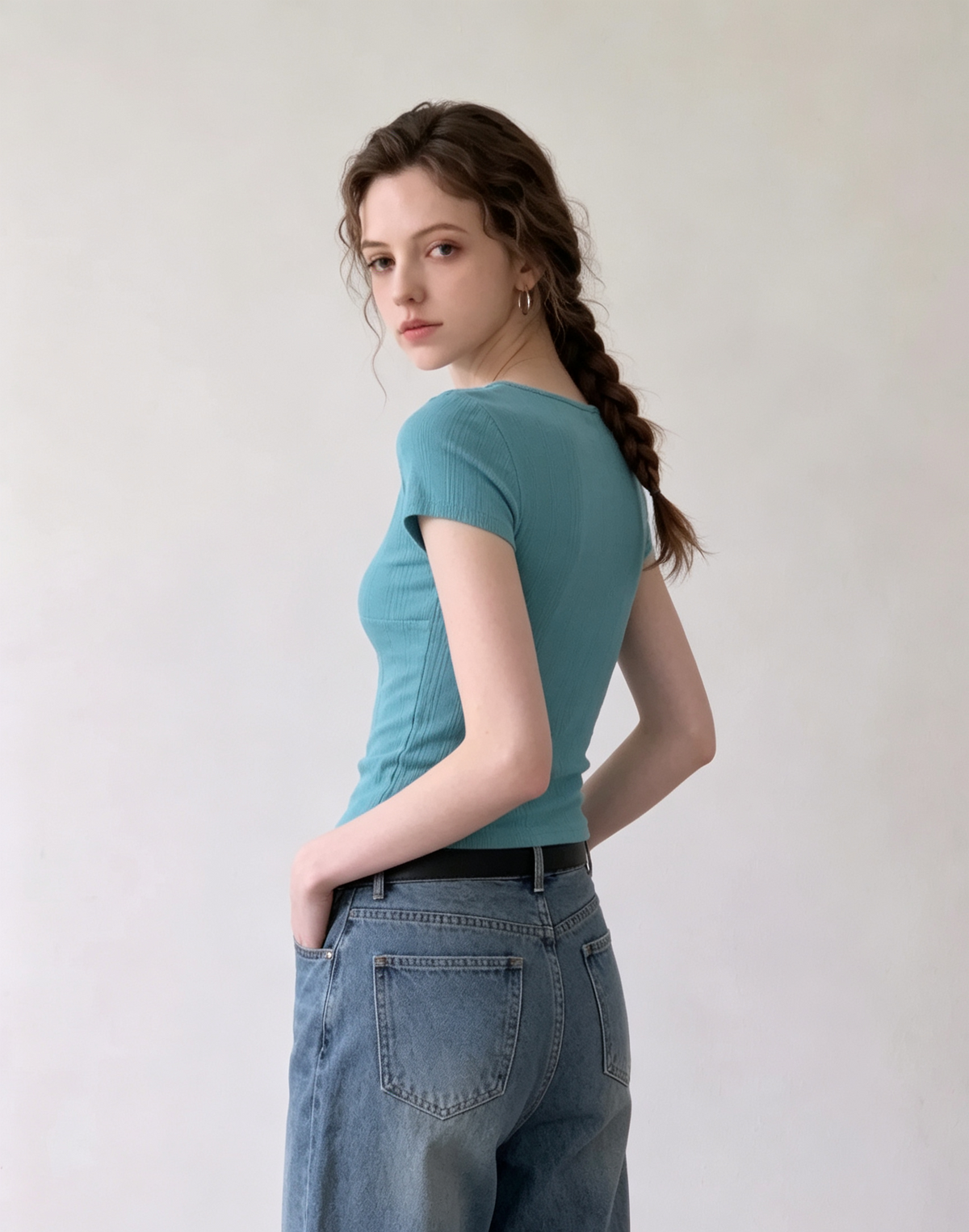 Teal V-neck layered short-sleeved top