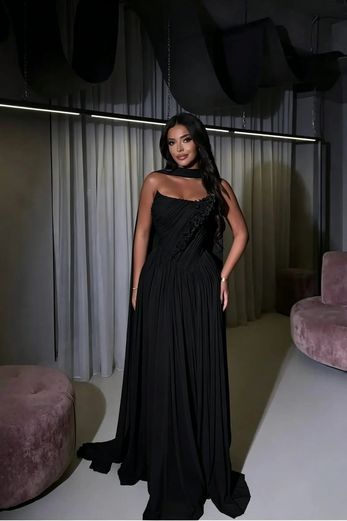Cocoslly Strapless Sleeveless High Waist Long Prom Dress With Appliques And Scarf | Daffodil Chiffon YQ0072