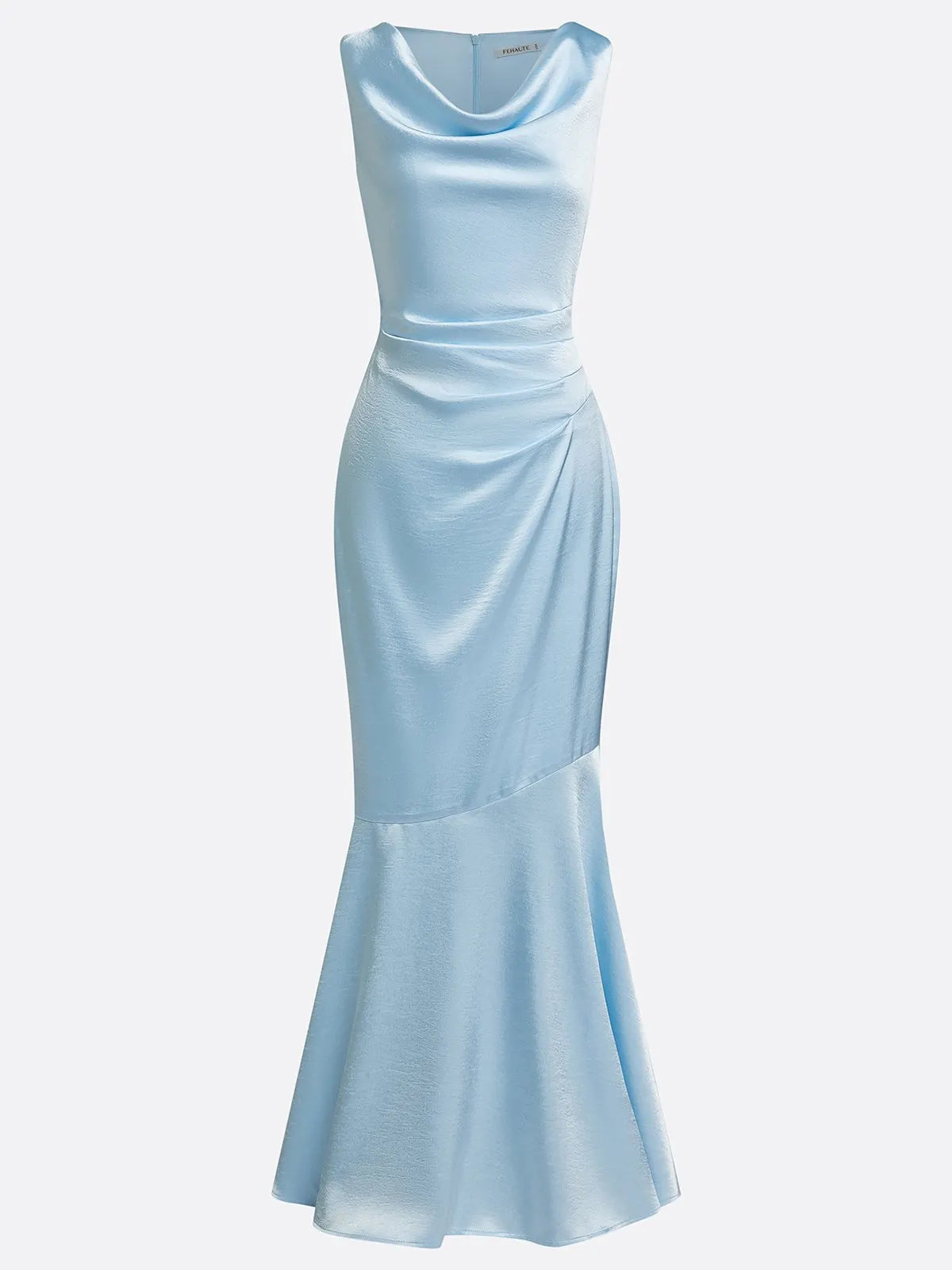 Light Blue Ruched Satin Cowl Neck Sleeveless Mermaid Maxi Dress