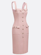 Pink Buckle Pocket Stitching Tweed Spaghetti Sleeveless Sheath Midi Dress