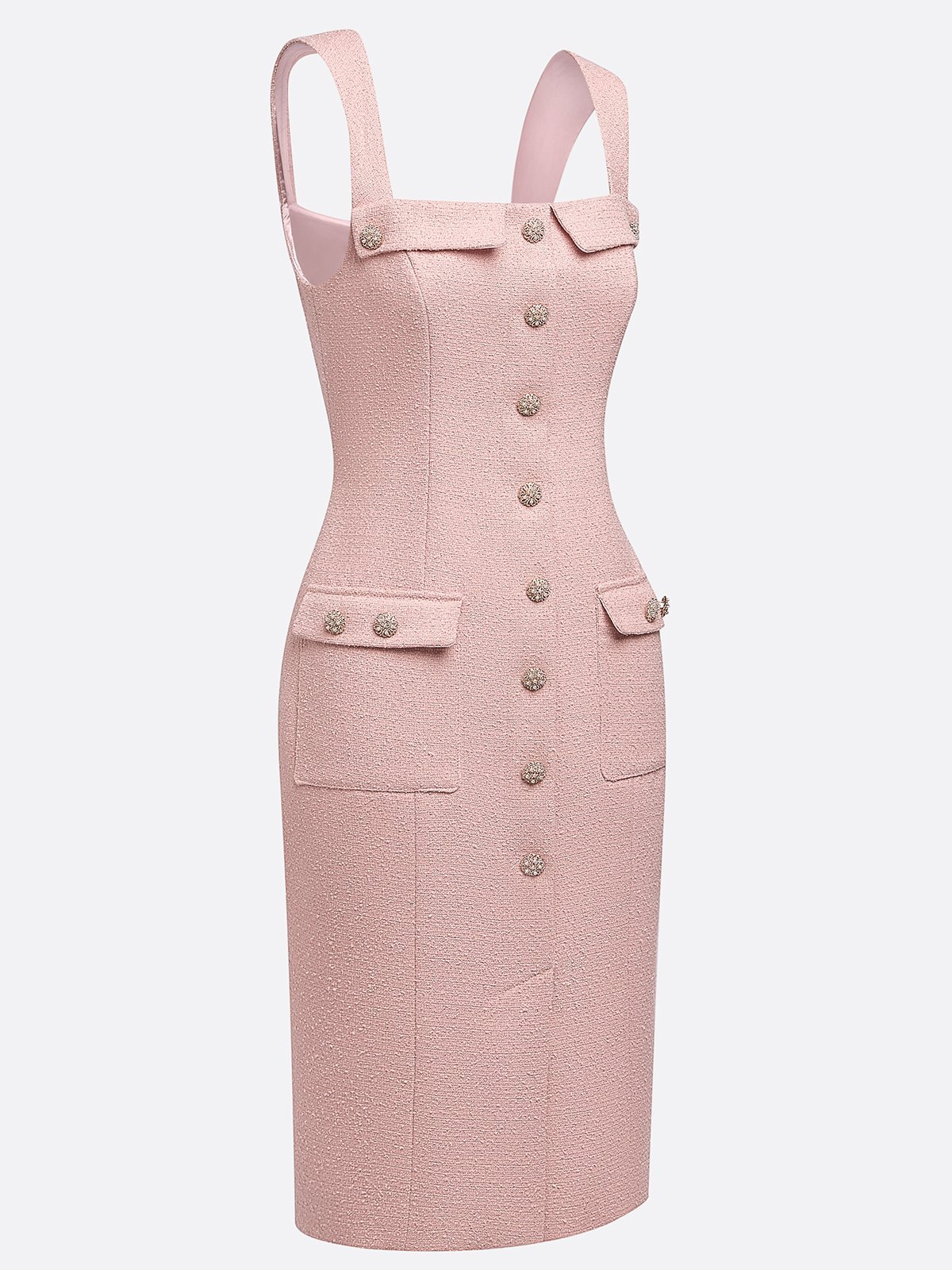 Pink Buckle Pocket Stitching Tweed Spaghetti Sleeveless Sheath Midi Dress