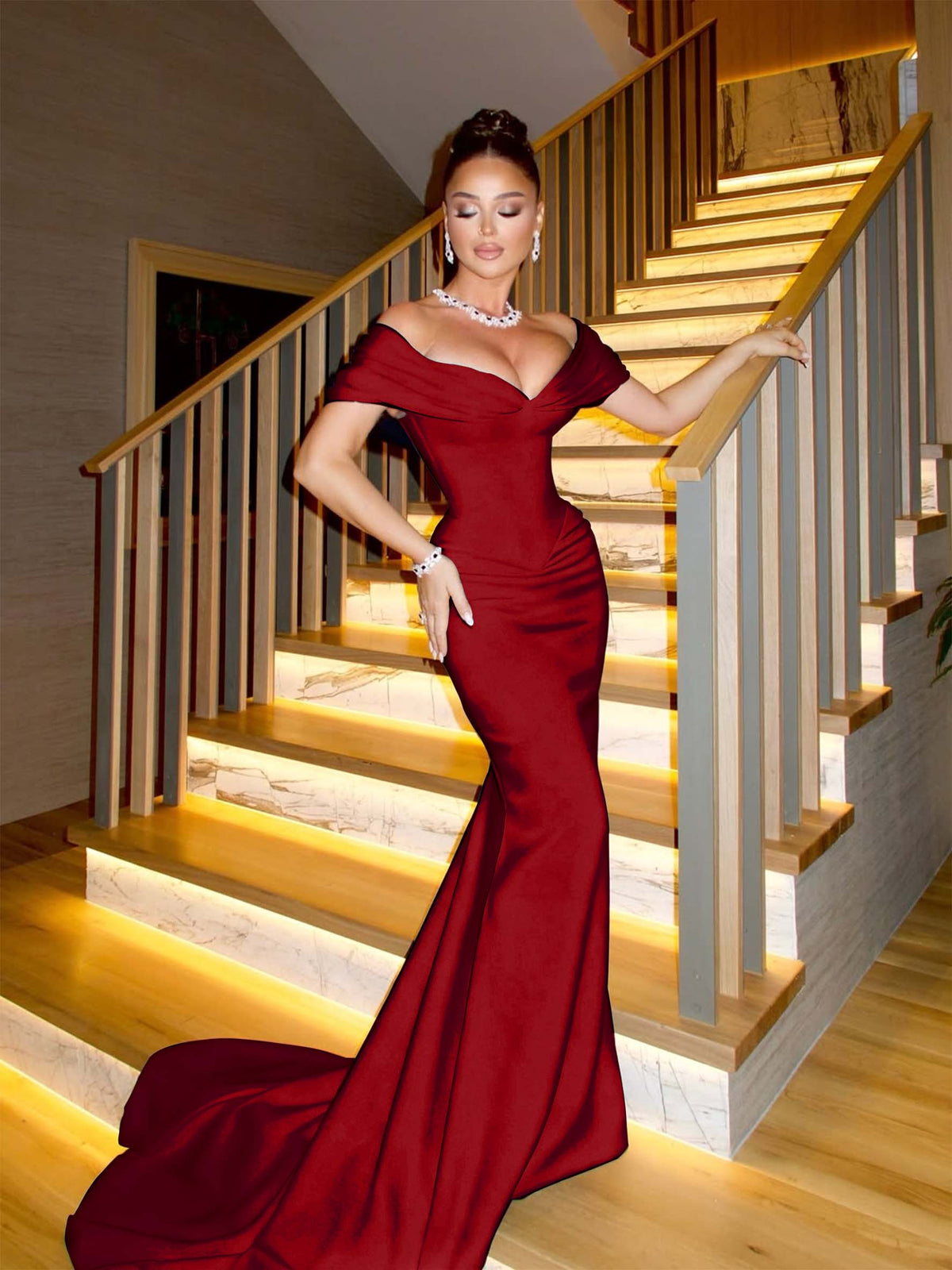 Off The Shoulder Sleeveless Long Mermaid Prom Dress With Pleated YK0338