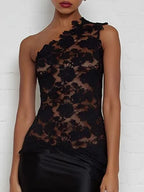 Black Lace One Shoulder Sleeveless Sheath Maxi Dress