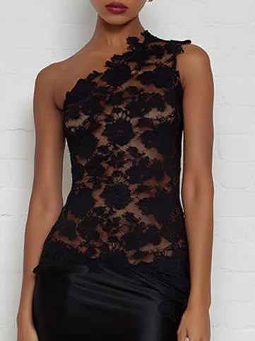 Black Lace One Shoulder Sleeveless Sheath Maxi Dress