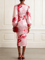 Pink Floral Satin V Neck Long Sleeve Balloon Sleeve Sheath Midi Dress