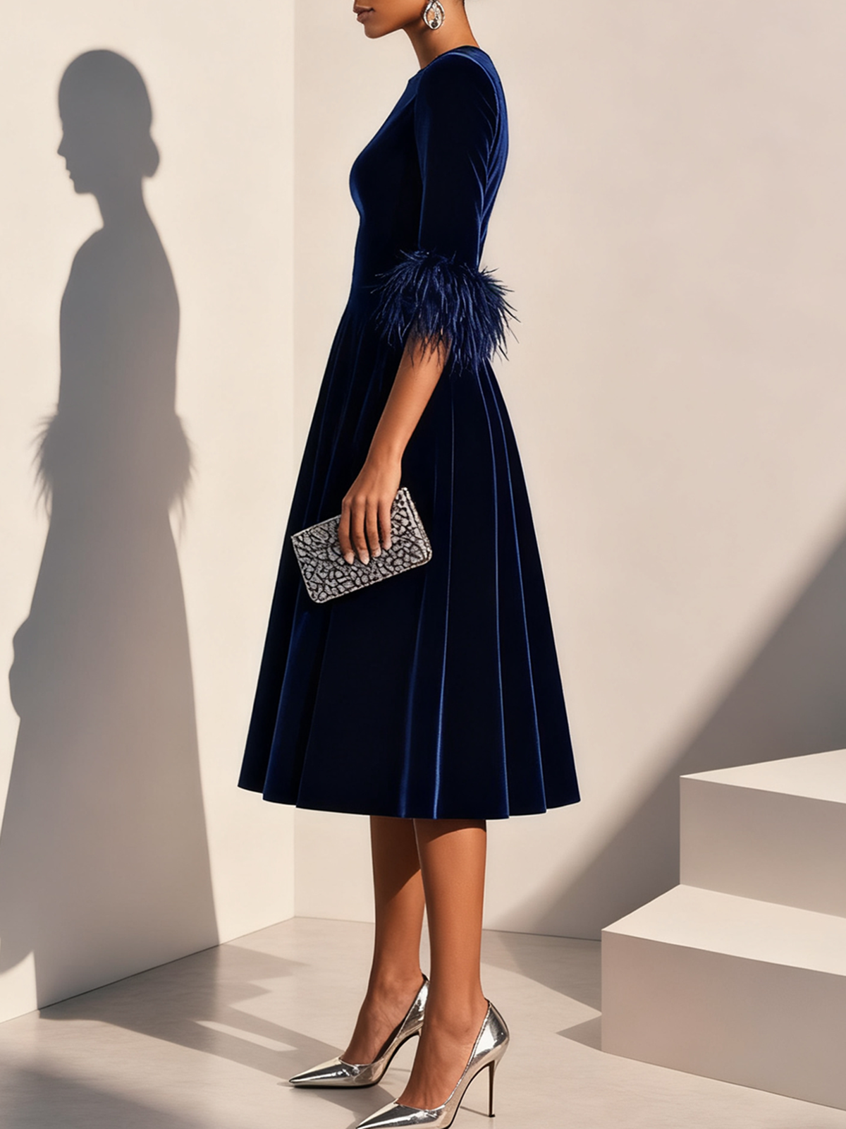 Purplish blue Feather-trimmed Velvet Crew Neck Half Sleeve A-Line Midi Dress