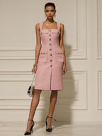 Pink Buckle Pocket Stitching Tweed Spaghetti Sleeveless Sheath Midi Dress