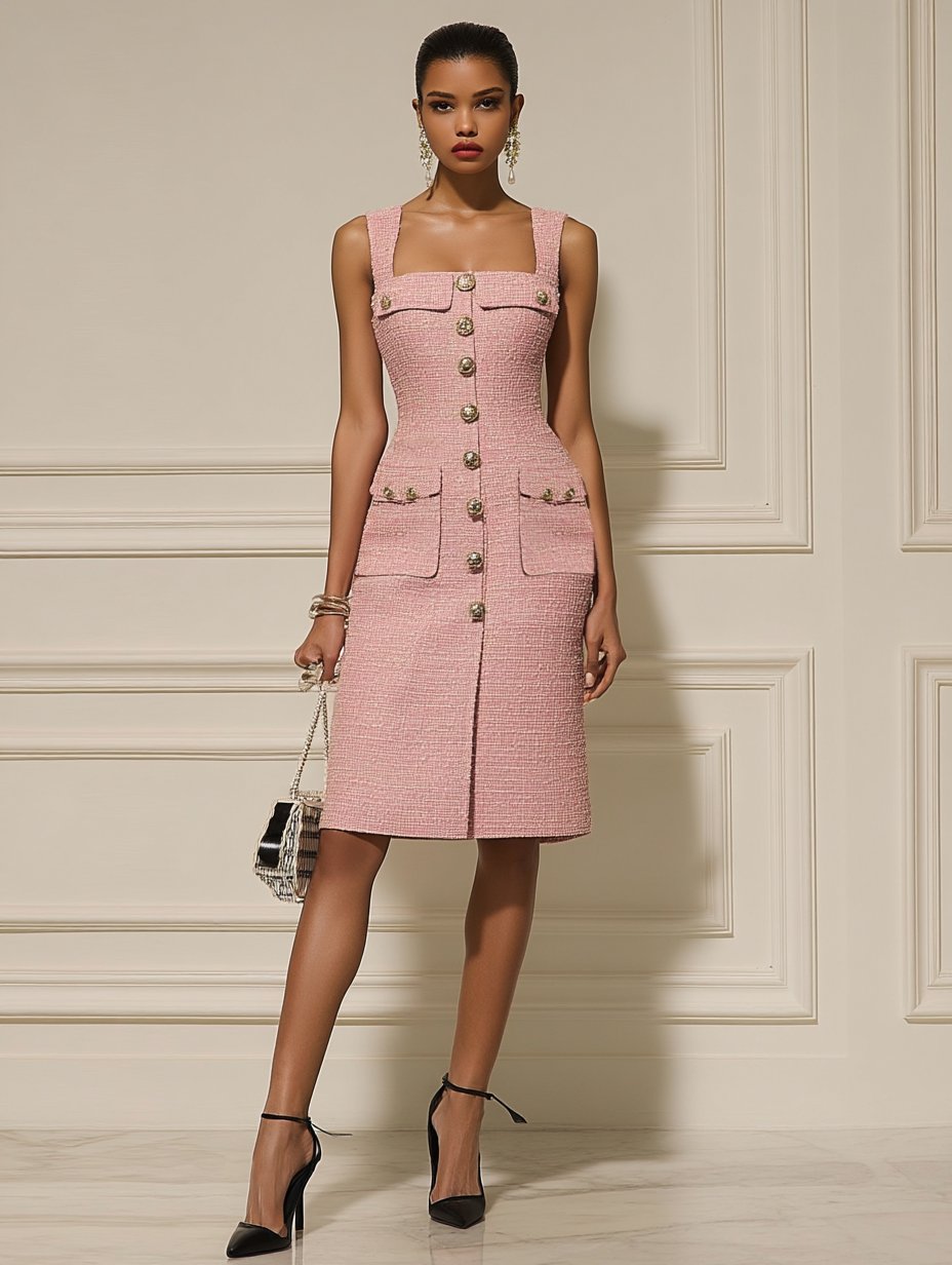 Pink Buckle Pocket Stitching Tweed Spaghetti Sleeveless Sheath Midi Dress