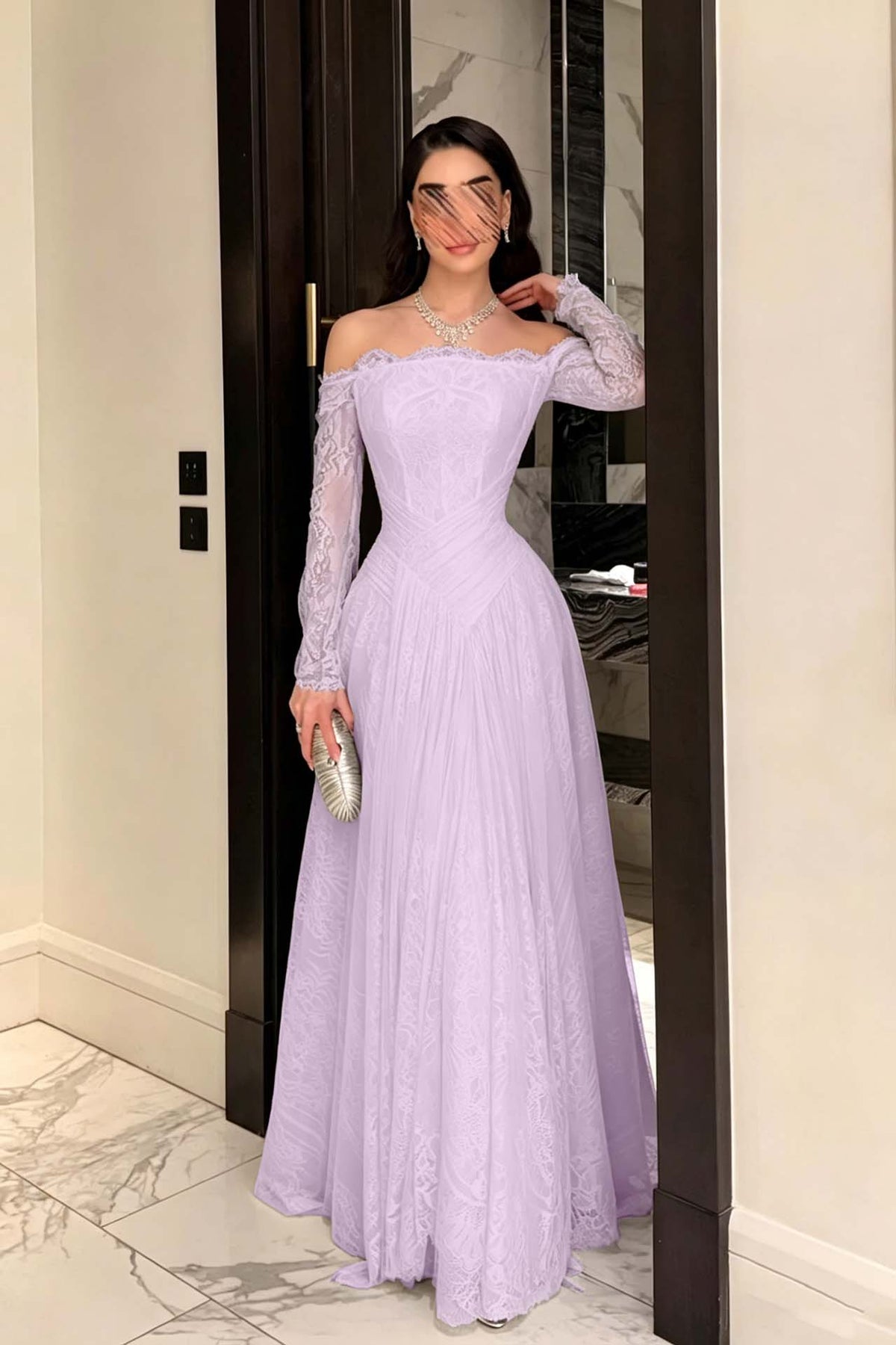 Cocoslly Strapless Long Sleeves High Waist Long Prom Dress With Pleated | Ink Blue Lace YC0488