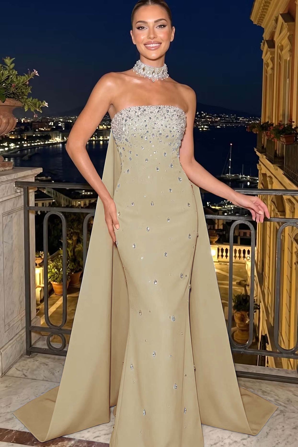 Cocoslly Strapless Sleeveless High Waist Long Mermaid Prom Dress With Rhinstone | Blue Satin YC0546