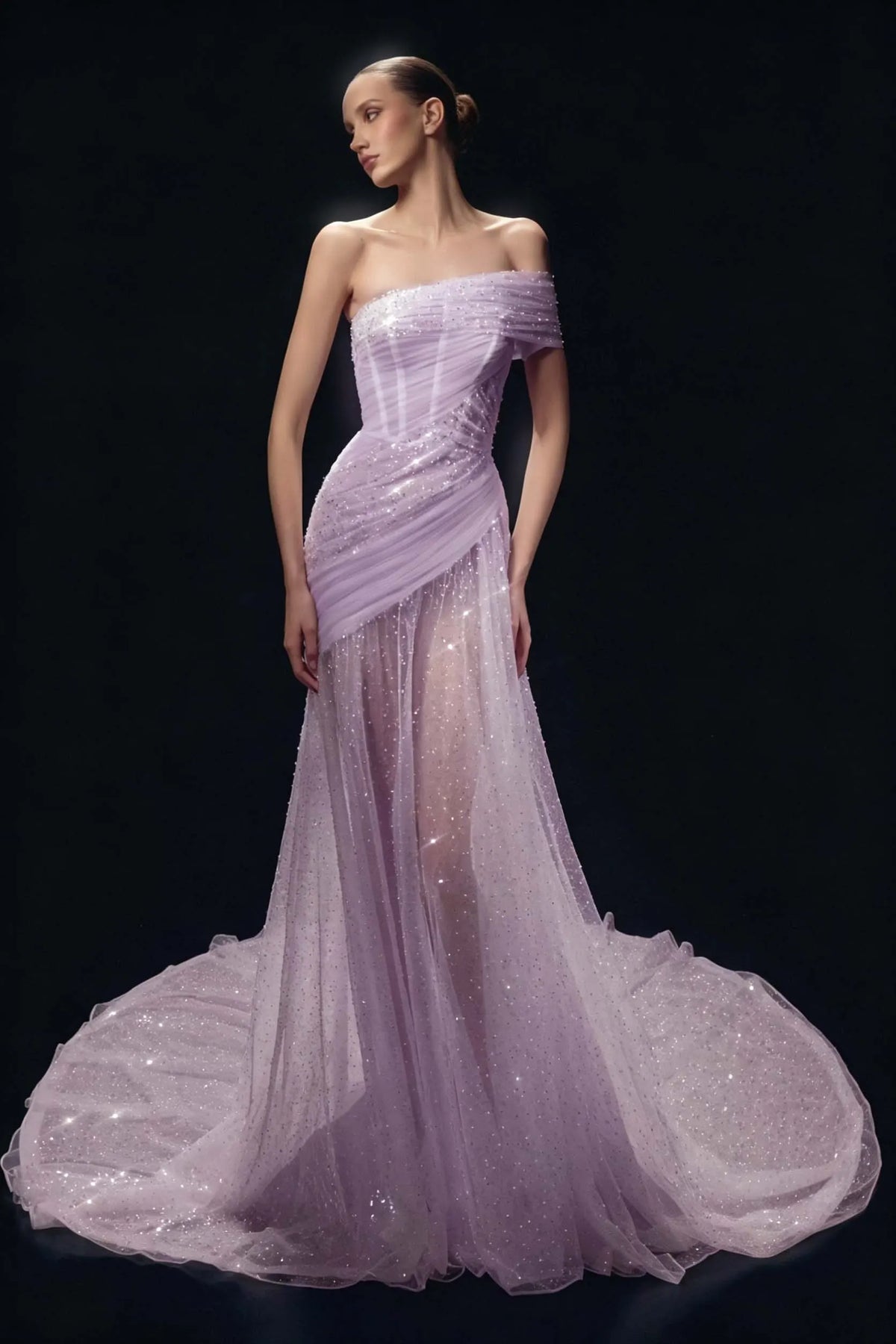 Cocoslly One Shoulder Sleeveless High Waist Long Prom Dress With Sequins | White Tulle YC0569