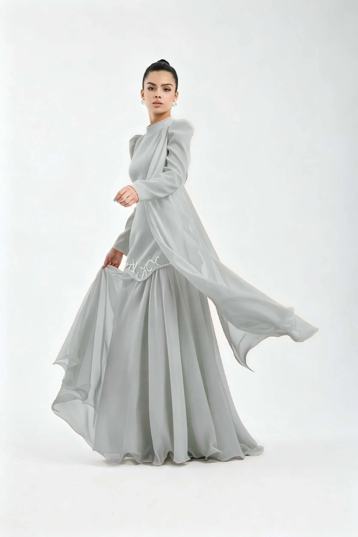Cocoslly High Neck Long Sleeves High Waist Long Prom Dress With Rhinstone | Cabemet Chiffon LR0407
