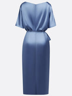 Blue Short Sleeve Satin A-Line Tie Waist Midi Dress