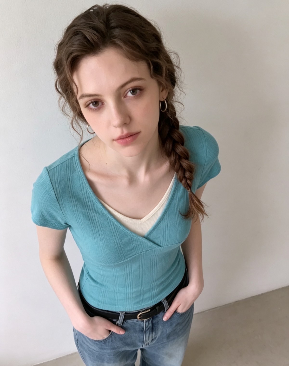 Teal V-neck layered short-sleeved top