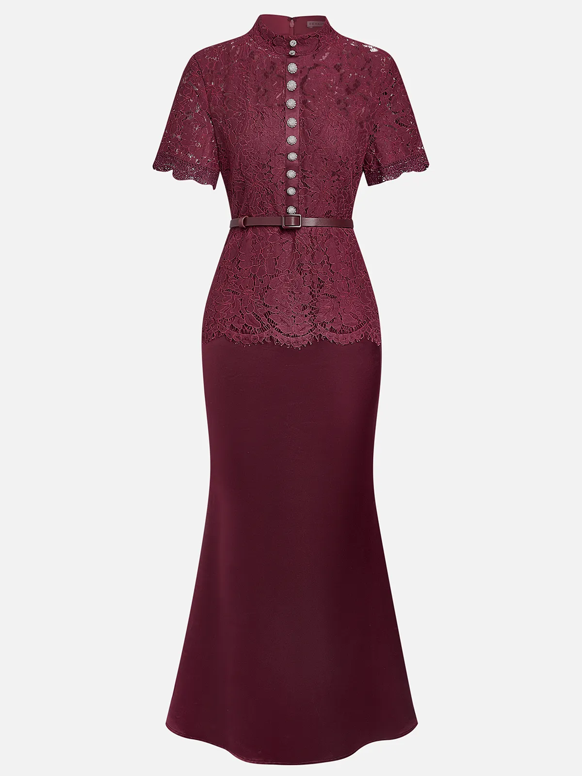 Wine Red Buckle Lace Classic Mock Neck Short Sleeve Mermaid Maxi Dress